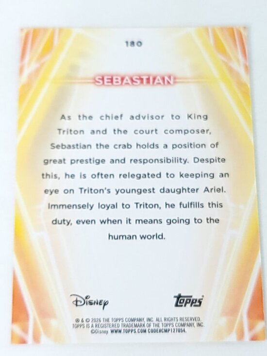 2026 Disney Topps Neon-Sebastian #CNE-180 /199- Chrome Neon  Sebastian Topps 2026 Disney Neon Holo Parallel Refractor Limited 130/150